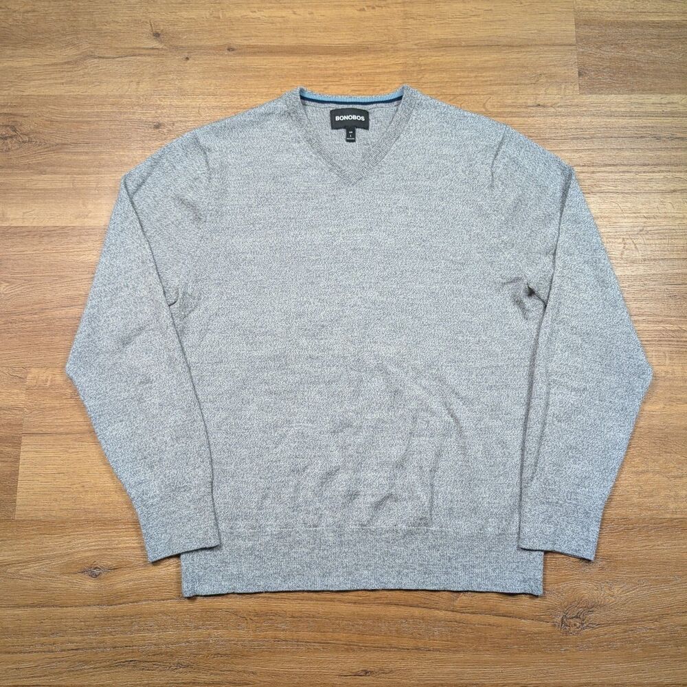 Bonobos Merino Wool V Neck Sweater Mens Large Gray Slim Fit Classic Preppy